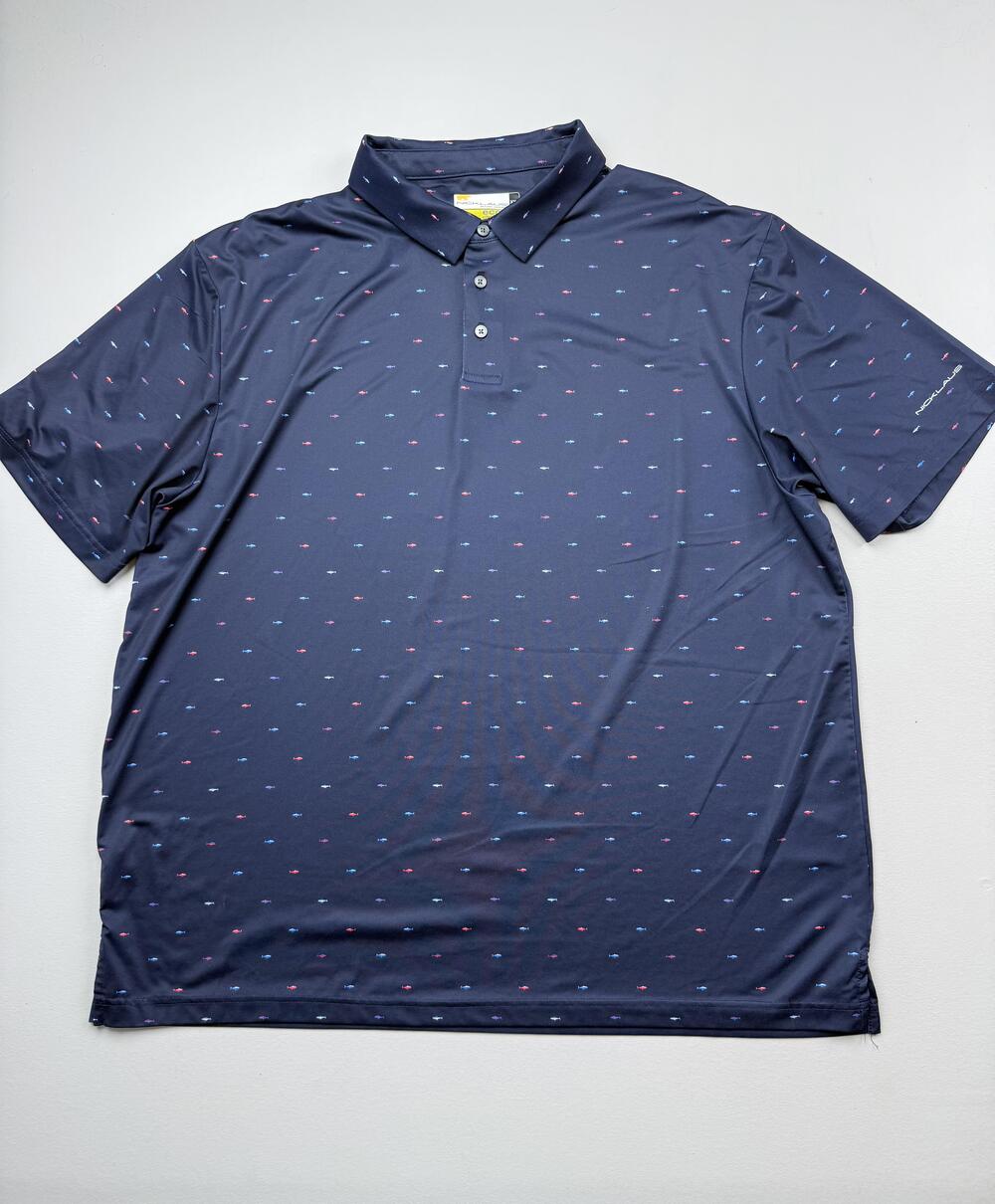 Nicklaus Polo Shirt Mens 2XL Blue Fish Print Eco Choice Golf Performance Knit
